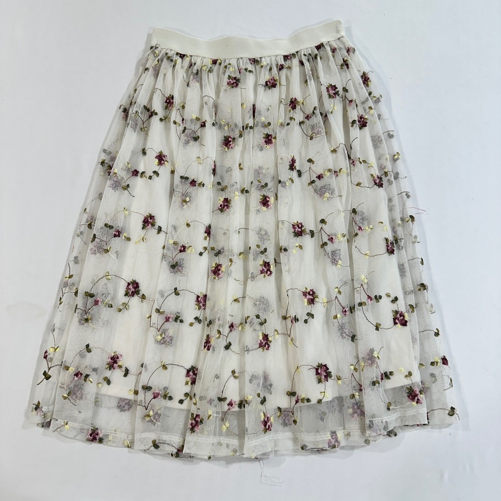 Forever 21 Contemporary Floral Embroidered Mesh Midi Skirt‎ Womens S Ivory Fairy